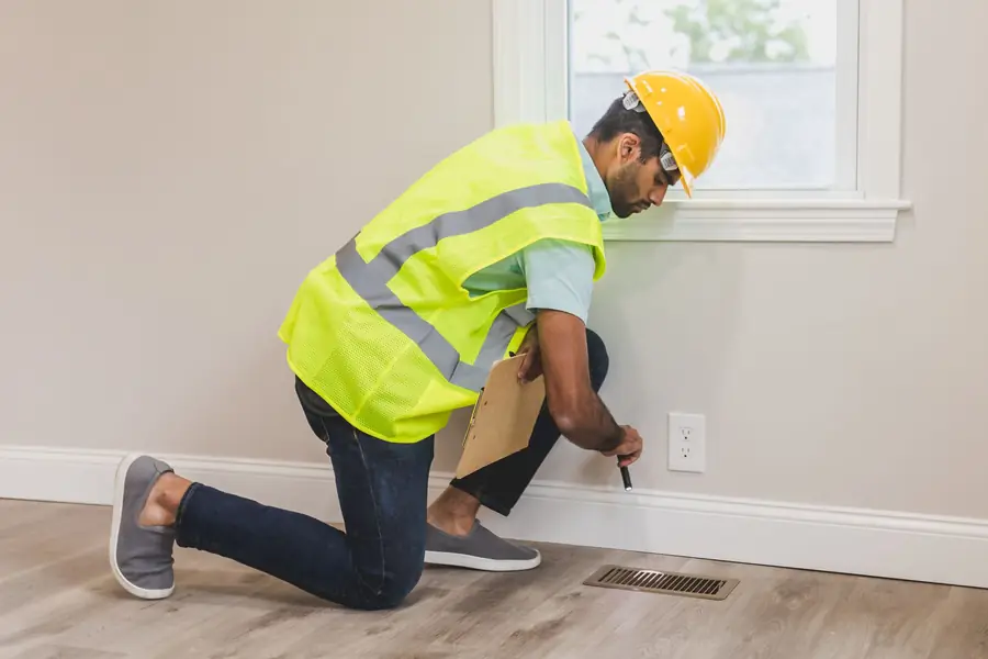 Worker in a hard hat kneeling to check a floor and baseboard